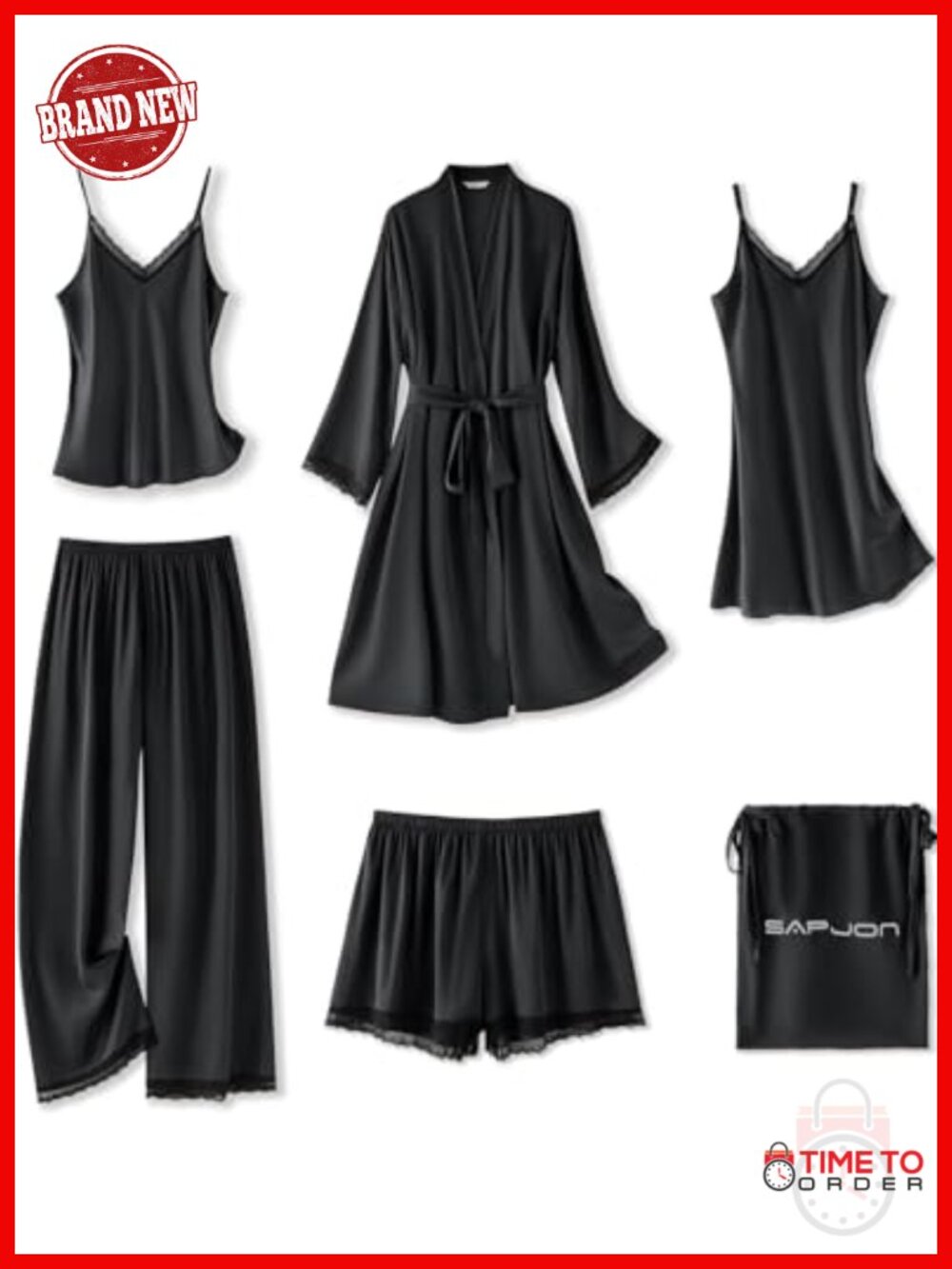 Satin Silk 6 Piece Pajama Set for Women with Lace Robe Nightgown Cami Shorts